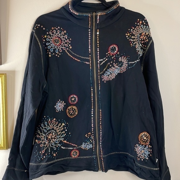 Zenergy By Chico's Black Embroided and Beaded Full Zip Jacket - Picture 4 of 10
